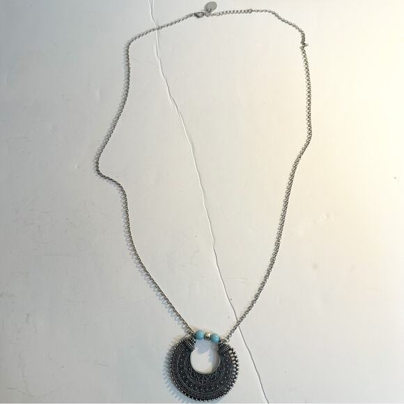 ZAD Silvertone & Turquiose Bead Statement Necklace Long Pendant Boho Bohemian - Picture 4 of 9